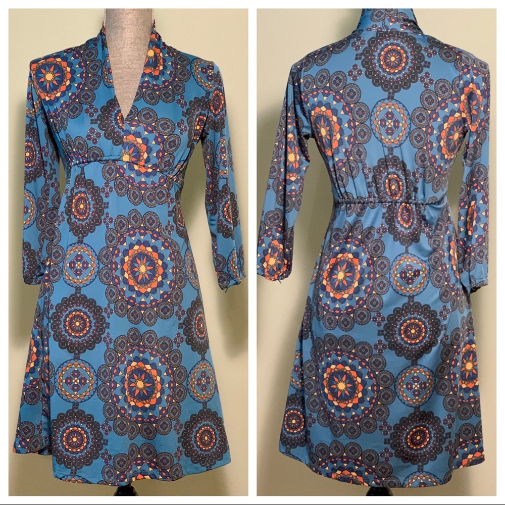 Vintage Blue and Orange Geometric Print Dress